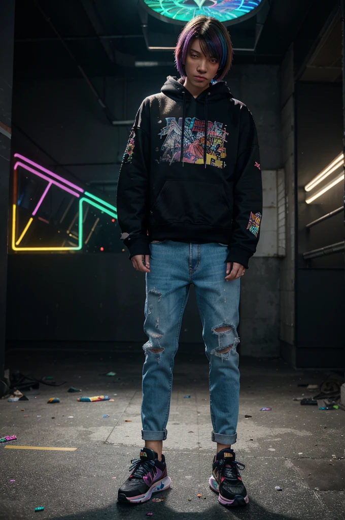a man with full colored corncrow hair, wearing a torn hoodie full of pictures of various kinds of glitters, jeans full of tears, wearing broken shoes full of neon pictures on his shoes, body shining, 360 degree backflip style carrying a giant sword Titan armor hologram, the ground was destroyed scattered, urban background, combined details of heaven and hell, clear sharp image details, colorful lights, realistic 64k hologram details, morning sharp details