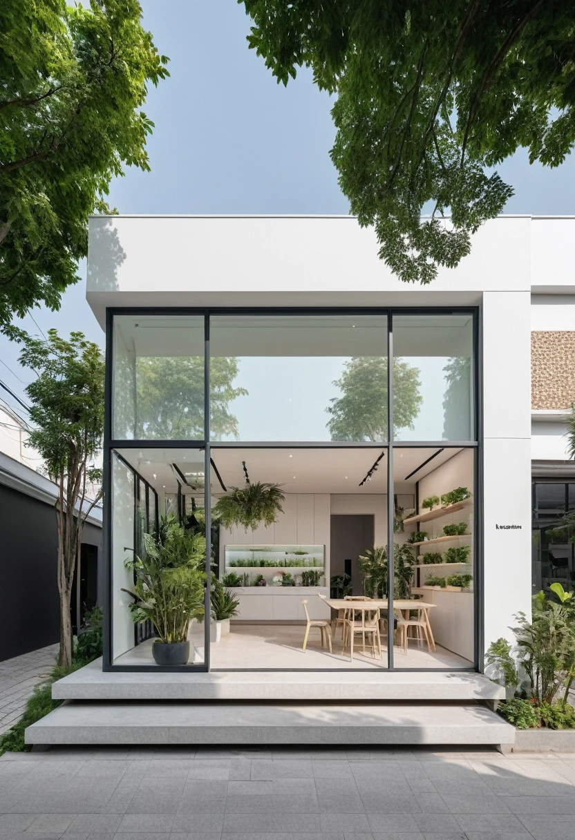 A modern one-story house with a small furniture showroom, with a facade less than 5 meters wide. The design includes large glass windows and doors, vertical display shelves, large mirrors, and well-placed lighting inside the showroom. The exterior features white and pastel tones with integrated green plants. The house is located on a street corner with a sidewalk and trees, providing a welcoming atmosphere. The showroom layout is organized for easy movement and optimal product visibility
(ultra-high resolution:1.2),(realistic :1.2)
 