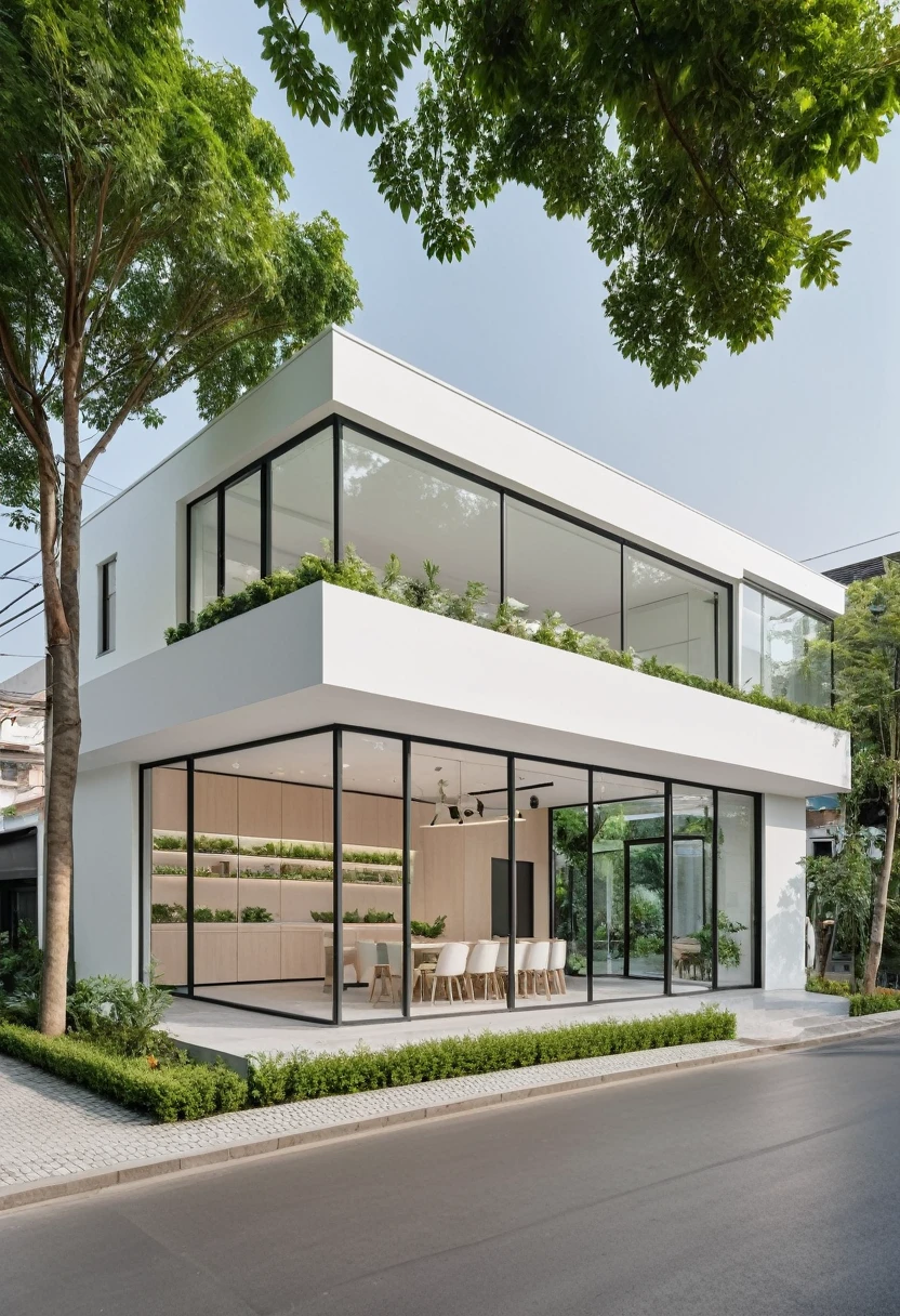 A modern one-story house with a small furniture showroom, with a facade less than 5 meters wide. The design includes large glass windows and doors, vertical display shelves, large mirrors, and well-placed lighting inside the showroom. The exterior features white and pastel tones with integrated green plants. The house is located on a street corner with a sidewalk and trees, providing a welcoming atmosphere. The showroom layout is organized for easy movement and optimal product visibility
(ultra-high resolution:1.2),(realistic :1.2)