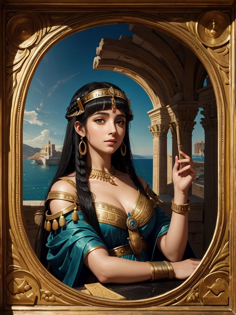 Cleopatra as a young woman in a grand palace overlooking the Mediterranean Sea. The scene includes symbols of education like scrolls and astronomical instruments, highlighting her intelligence and leadership.