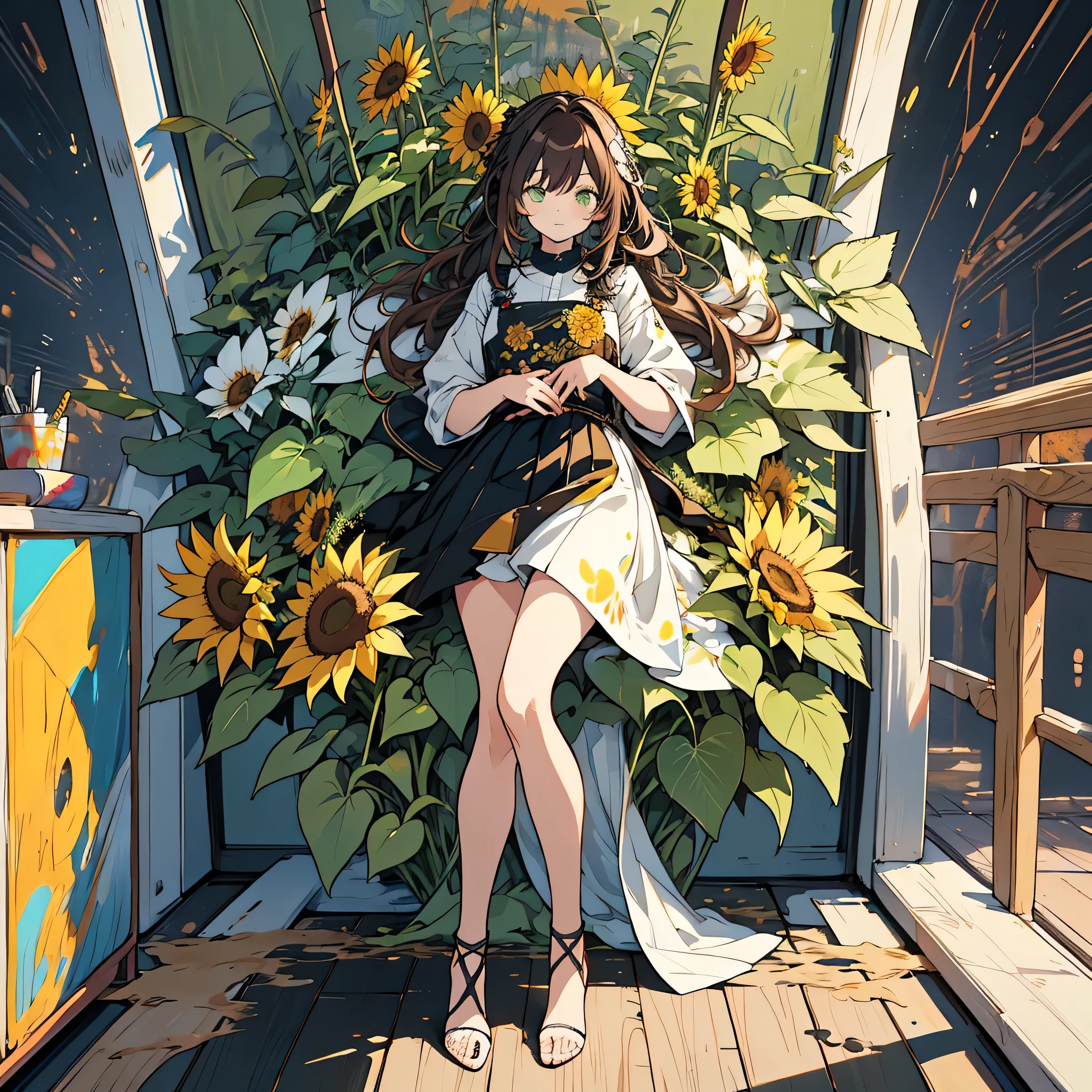 kawaii, anime, Cute, hyper quality, highly detailed, 16k, Front facing, Clarity, full body, one girl, stain the whole thing with colorful ink, brown long hair, green eyes, paint color, countless sunflowers, surrounded by sunflowers, Trapped inside a Van Gogh painting, ephemeral, paint, paint, brush, live inside the canvas, art supplies, oil, wonder, mysterious, rainbow colored sunflowers, Richly colored, Brightly colored sunflowers, highlight on eyes, long hair, splattered ink, scribble, countless handwritings, color palette, dark brown hair, long hair flowing, Draw eyes clearly, art, taken in by sunflowers, 	
