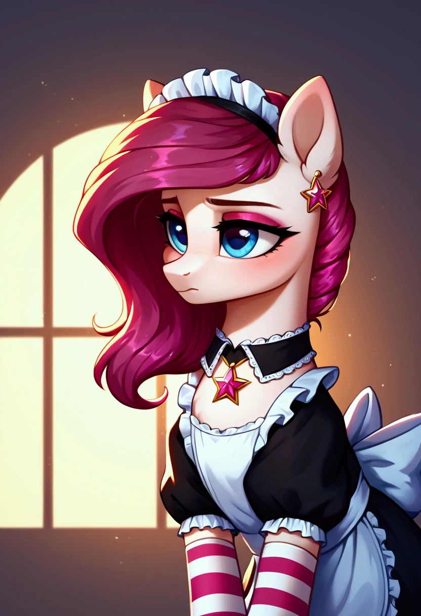 score_9,score_8_up,score_7_up,score_6_up, ((my little pony)), radiant lighting, vibrant colors, whimsical atmosphere, 8K, high resolution, highly detailed, masterpiece, (shy look), ((pony body)), white body, magenta hair, blue eyes, (maid costume), striped stockings, star pendant, earrings, eyeshadow 