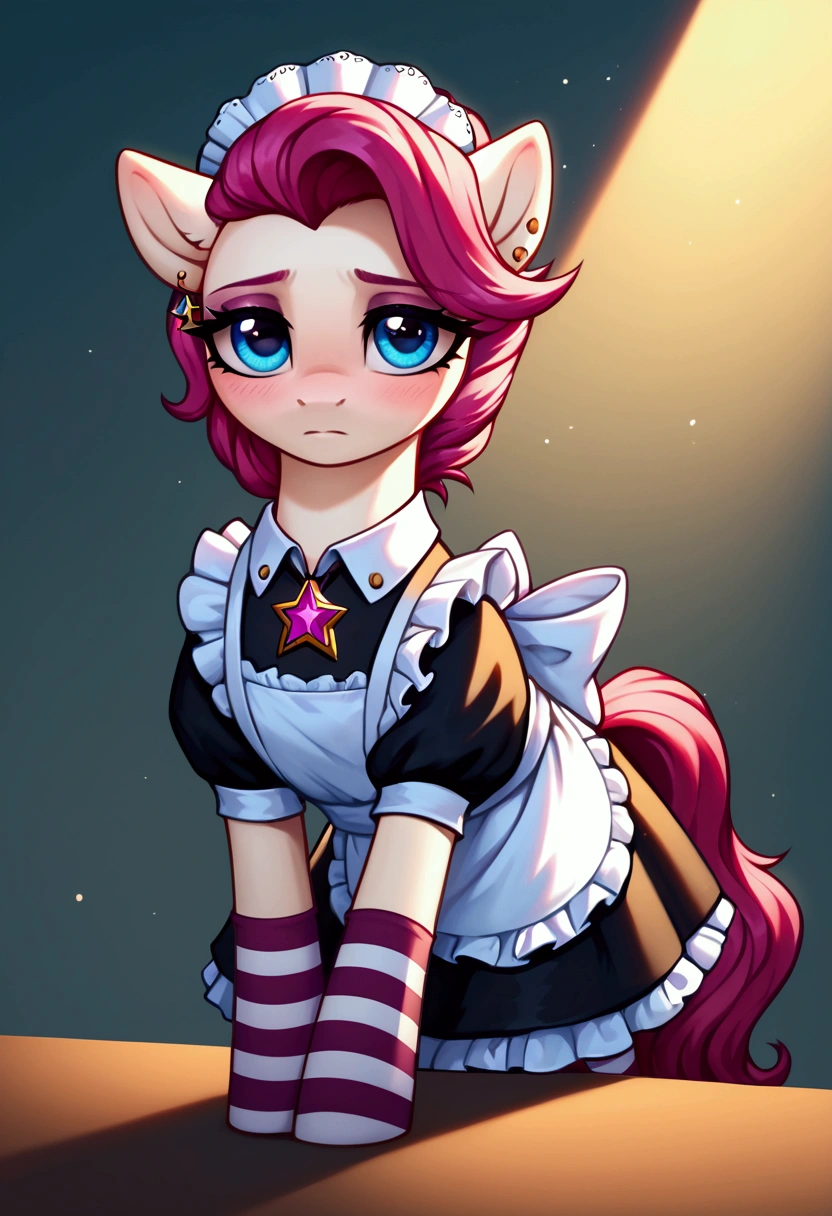 score_9,score_8_up,score_7_up,score_6_up, ((my little pony)), radiant lighting, vibrant colors, whimsical atmosphere, 8K, high resolution, highly detailed, masterpiece, (shy look), ((pony body)), white body, magenta hair, blue eyes, (maid costume), striped stockings, star pendant, earrings, eyeshadow