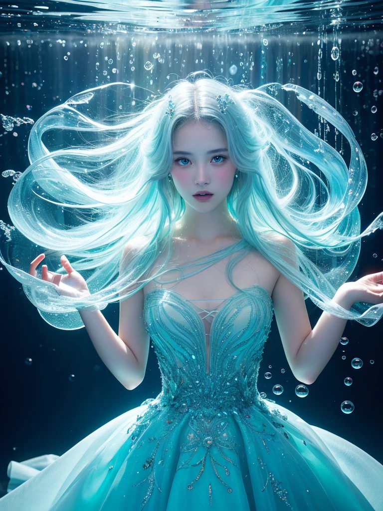 Young woman wearing a dress entirely made of transparent flowing water. Fluid, cascading gown with dynamic water movement. creating a mesmerizing blend of flowing liquid and delicate bubble structures. Shimmering, iridescent water surface with rainbow reflections on bubble areas. Water drops of various sizes forming the dress's texture. High-detail photography, fantasy concept art style. Simple plain light blue background.