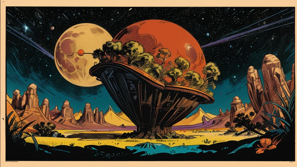 An artist's rendering of an exoplanet, strange plants, strange animals, flying creatures in the style of 1950s-70s comic book art. Use bold outlines, halftone patterns. Employ intense, saturated colors reminiscent of vintage four-color printing. Maintain a psychedelic, otherworldly atmosphere with swirling, colorful skies and strange celestial bodies. Bright red, green, blue, purple, orange color. Emphasize the contrast between light and shadow to create a dramatic, pulp sci-fi feel.
