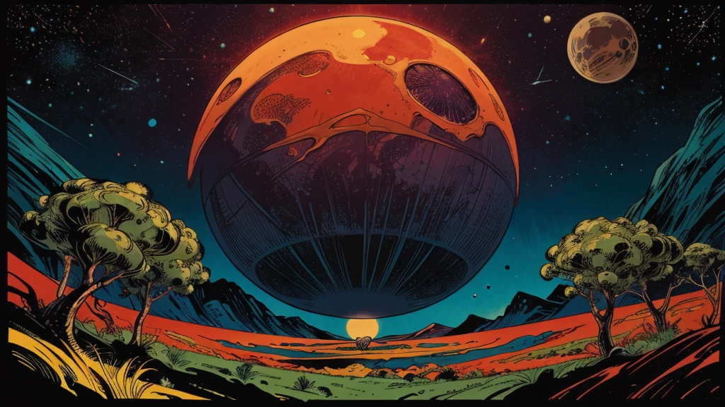 An artist's rendering of an exoplanet, strange plants, strange animals, flying creatures in the style of 1950s-70s comic book art. Use bold outlines, halftone patterns. Employ intense, saturated colors reminiscent of vintage four-color printing. Maintain a psychedelic, otherworldly atmosphere with swirling, colorful skies and strange celestial bodies. Bright red, green, blue, purple, orange color. Emphasize the contrast between light and shadow to create a dramatic, pulp sci-fi feel. 