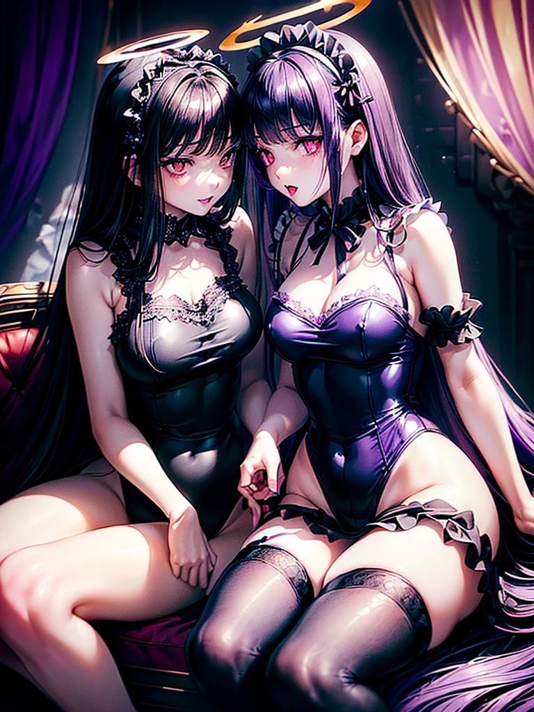 Highest quality,Highest Resolution,(((A beautiful black-haired girl with pale eyes in a maid leotard)))and(((A beautiful purple-haired girl with beautiful red eyes wearing a gothic lolita leotard)))are having sex in the sitting position,kiss,saliva,(((Halo))),Tears,