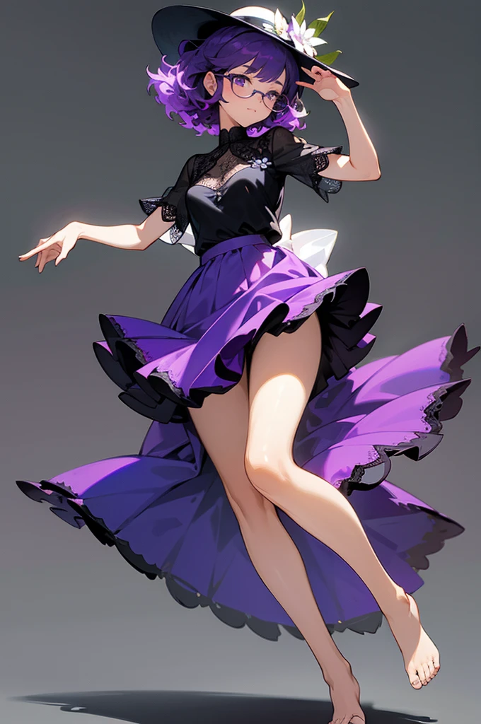 one girl, short very curly purple hair with dark purple strand, glasses, two-piece black and white color lace flower theme simple swim outfit, simple detaled, lovable, no background, dynamic cute pose,, full body ,detaled feet,short blouse  flowers,art, long airy skirt, summer hat, 