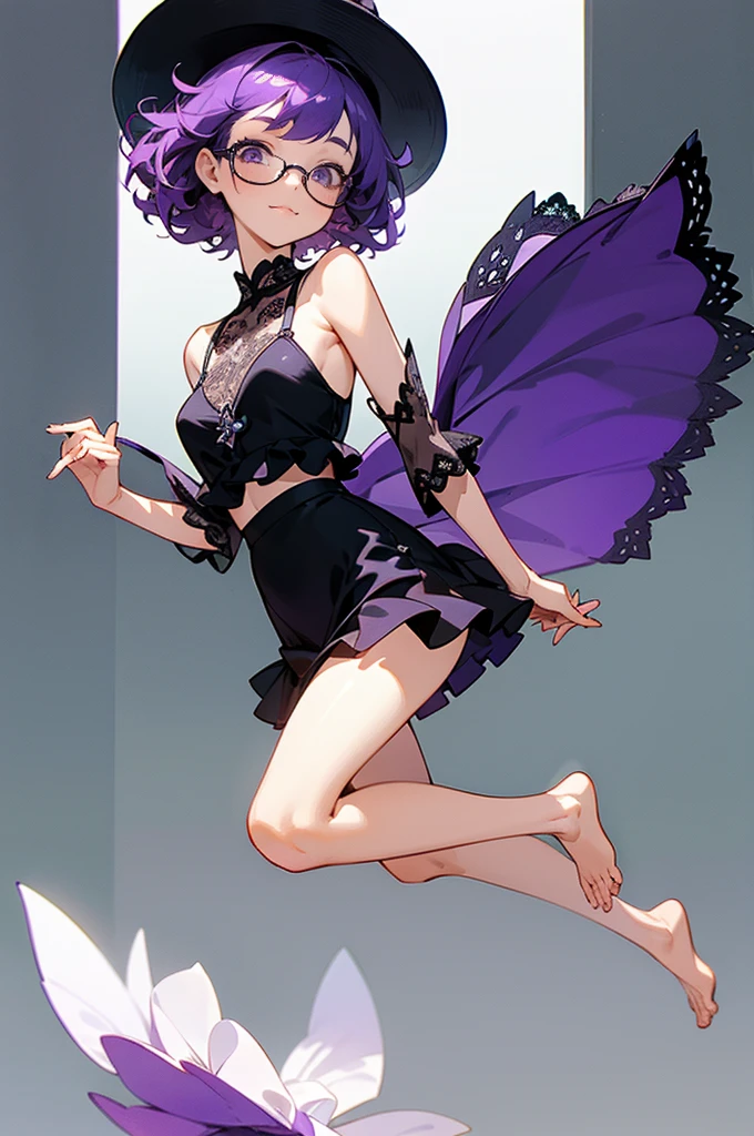 one girl, short very curly purple hair with dark purple strand, glasses, two-piece black and white color lace flower theme simple swim outfit, simple detaled, lovable, no background, dynamic cute pose,, full body ,detaled feet,short blouse  flowers,art, long airy skirt, summer hat, 