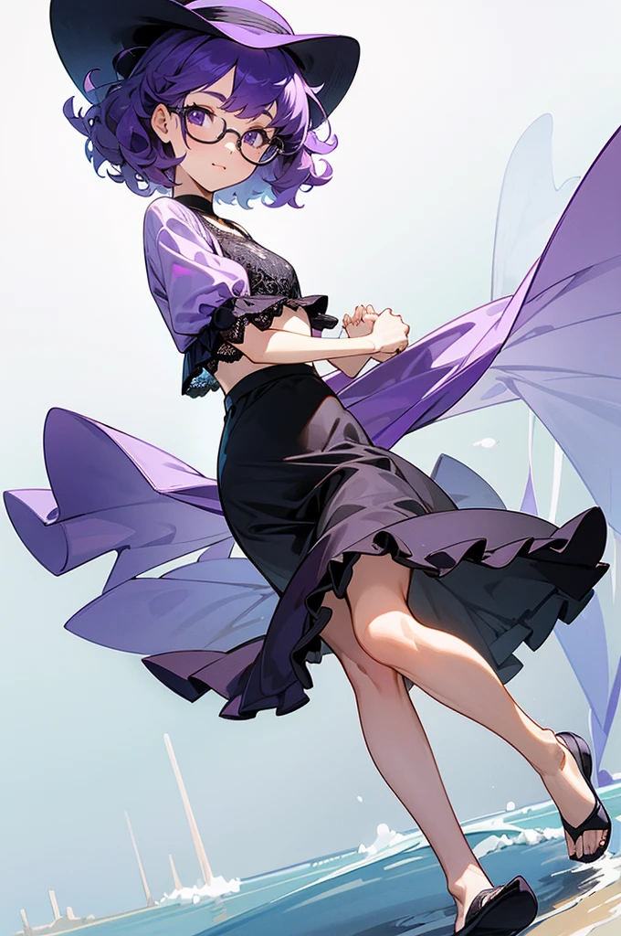 one girl, short very curly purple hair with dark purple strand, glasses, two-piece black and white color lace flower theme simple swim outfit, simple detaled, lovable, no background, dynamic cute pose,, full body ,detaled feet,short blouse  flowers,art, long airy skirt, summer hat, 