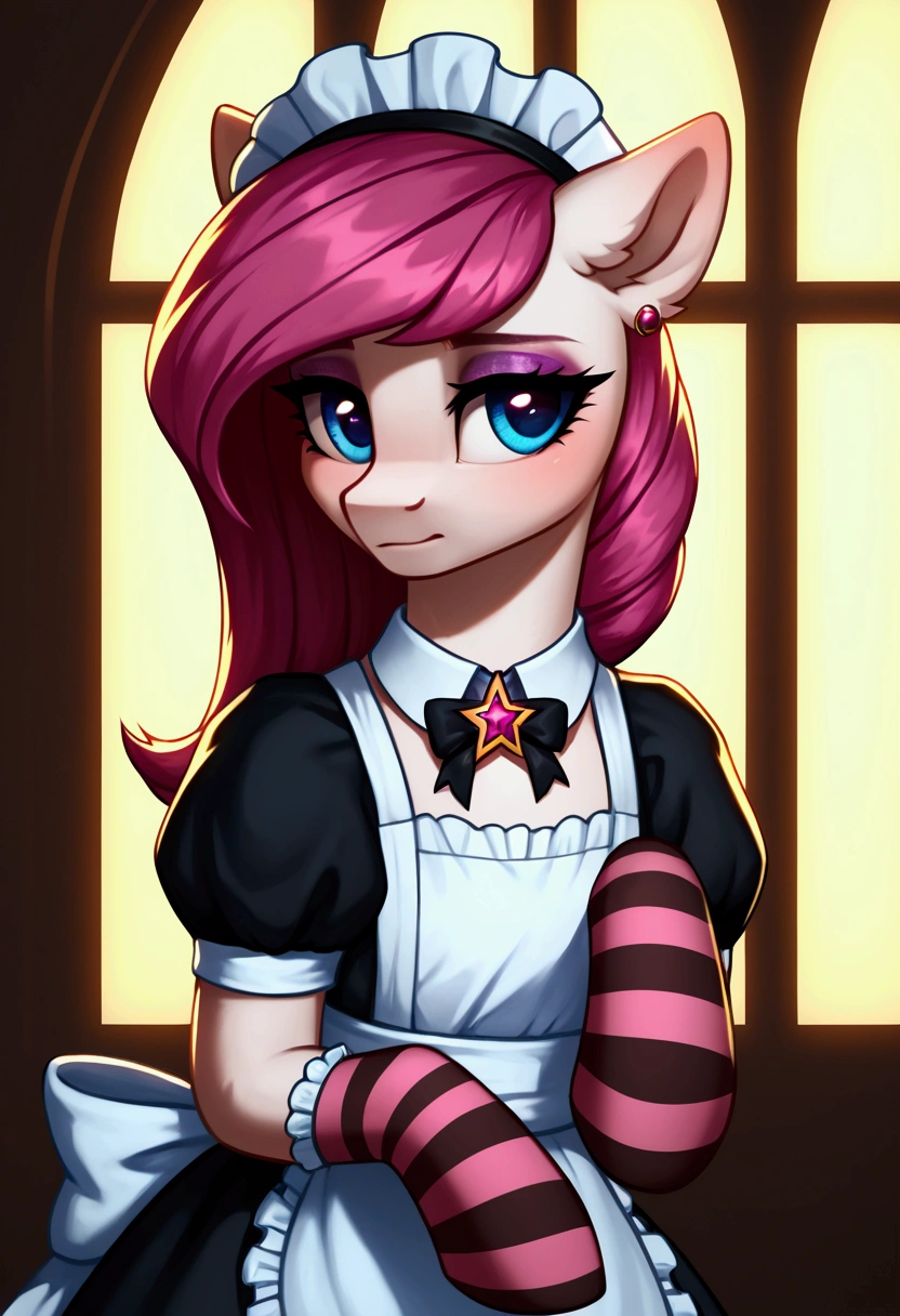 score_9,score_8_up,score_7_up,score_6_up, ((my little pony)), radiant lighting, vibrant colors, whimsical atmosphere, 8K, high resolution, highly detailed, masterpiece, (shy look), ((pony body)), white body, magenta hair, blue eyes, (maid costume), striped stockings, star pendant, earrings, eyeshadow, medium-long hair