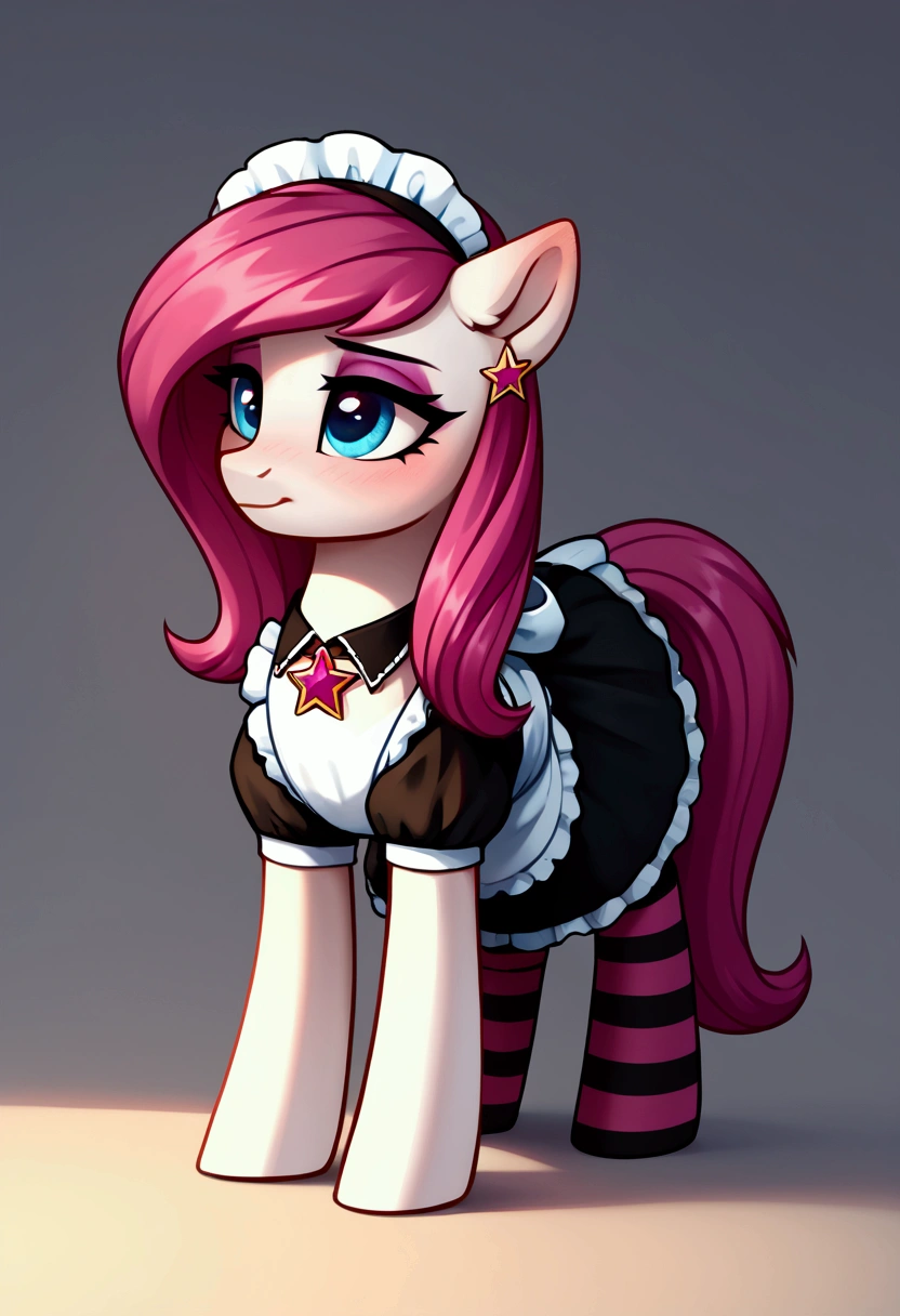 score_9,score_8_up,score_7_up,score_6_up, ((my little pony)), radiant lighting, vibrant colors, whimsical atmosphere, 8K, high resolution, highly detailed, masterpiece, (shy look), ((pony body)), white body, magenta hair, blue eyes, (maid costume), striped stockings, star pendant, earrings, eyeshadow, medium-long hair