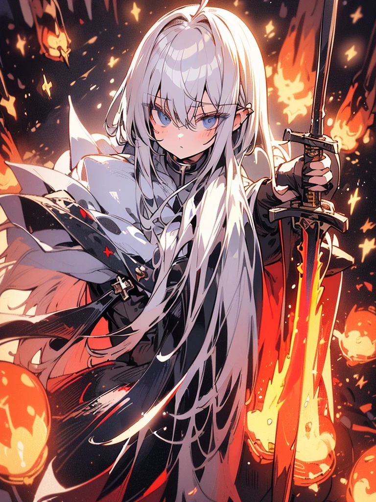 (late afternoon,dense atmosphere,cold,sensual,medieval,hurricane,Lightning,eyeing,eye),(8k highly detailed),female, white hooded cloak, long white hair,Full body silver armor,tired,masterpiece,mature,slim,tall,(((((holding a holy sword))))),dark fantasy,cinematic light,dymanic shadow,blue eyes,suffering