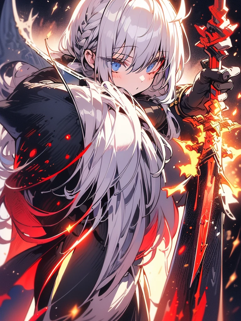 (late afternoon,dense atmosphere,cold,sensual,medieval,hurricane,Lightning,eyeing,eye),(8k highly detailed),female, white hooded cloak, long white hair,Full body silver armor,tired,masterpiece,mature,slim,tall,(((((holding a holy sword))))),dark fantasy,cinematic light,dymanic shadow,blue eyes,suffering