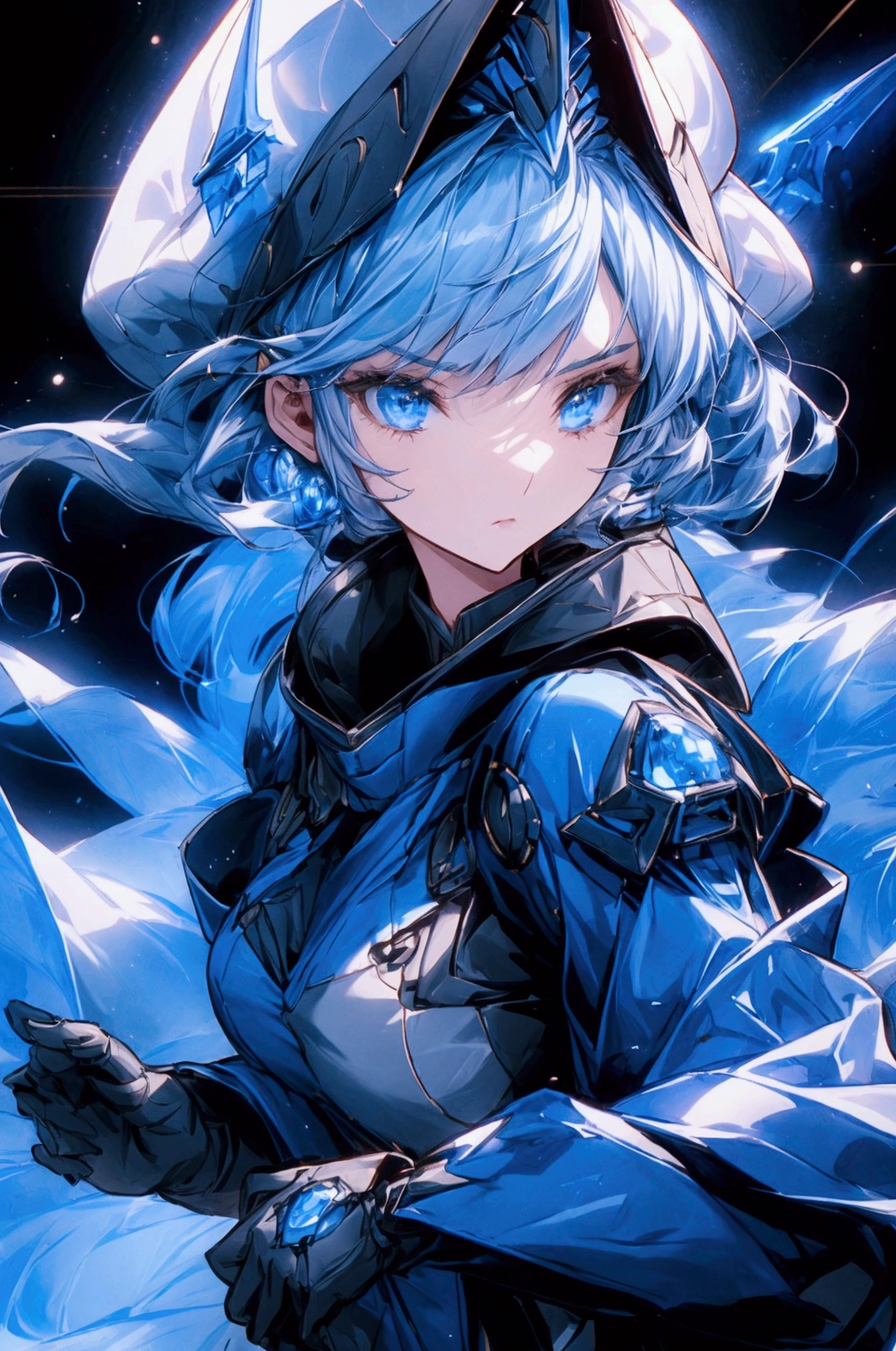 Visualize a female galactic military commander, a figure of authority and strategy, leading her vast fleet into the heart of battle. Her hair is a striking white, with strands of blue that add an otherworldly beauty to her appearance. She is dressed in a modern high tech uniform that speaks to her rank, complete with a commander’s hat that signifies her leadership. Draped over her shoulders is a dark blue robe, flowing and regal, a contrast to the starkness of space. In her hand, she holds a legendary sword that radiates with a soft blue light, symbolizing her prowess and the ancient power she commands. The commander stands firm in the midst of an intergalactic conflict, her face set in a serious expression that reveals her unwavering resolve and the weight of command. Her presence alone commands respect and exudes the confidence of a seasoned war leader