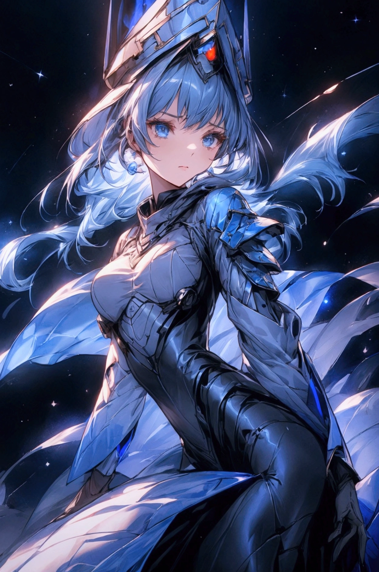Visualize a female galactic military commander, a figure of authority and strategy, leading her vast fleet into the heart of battle. Her hair is a striking white, with strands of blue that add an otherworldly beauty to her appearance. She is dressed in a modern high tech uniform that speaks to her rank, complete with a commander’s hat that signifies her leadership. Draped over her shoulders is a dark blue robe, flowing and regal, a contrast to the starkness of space. In her hand, she holds a legendary sword that radiates with a soft blue light, symbolizing her prowess and the ancient power she commands. The commander stands firm in the midst of an intergalactic conflict, her face set in a serious expression that reveals her unwavering resolve and the weight of command. Her presence alone commands respect and exudes the confidence of a seasoned war leader