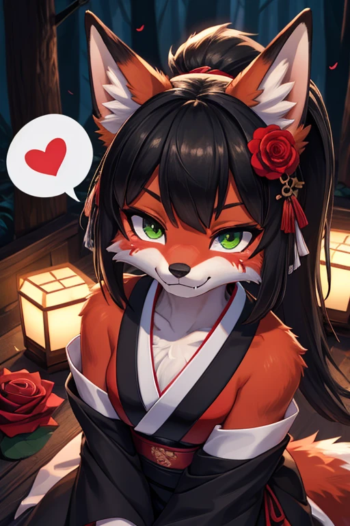 Anthro female red fox high definition good anatomy add_detail:1, red fur, kitsune ears, cute girl add_detail:1, in a dark rainy forest behind a wall:1, black colored japanese shrine costume with red rose patterns on them add_detail:3, black clothes, add_detail:1, full body, highly detailed face, deep green iris add_detail:1, wolf claws, sharp fangs add_detail:1, wild slut add_detail:1, on knees, blushing, looking up at viewer, friendly smile, smile, friendly, black hair, classic ponytail, face markings, face fur patterns black, speech bubble, heart, hearts, flower on head, night, moody lighting
