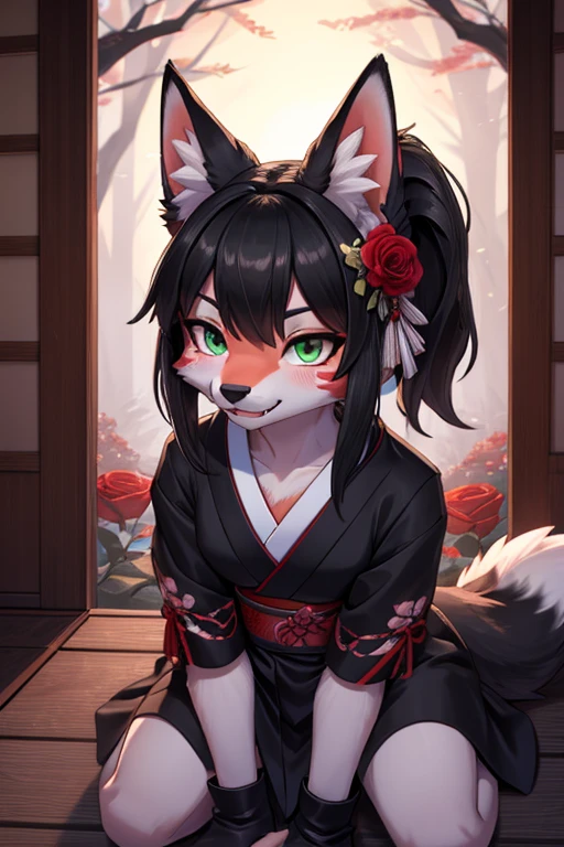 Anthro female red fox high definition good anatomy add_detail:1, red fur, kitsune ears, cute girl add_detail:1, in a dark rainy forest behind a wall:1, black colored japanese shrine costume with red rose patterns on them add_detail:3, black clothes, add_detail:1, full body, highly detailed face, deep green iris add_detail:1, wolf claws, sharp fangs add_detail:1, wild slut add_detail:1, on knees, blushing, looking up at viewer, friendly smile, smile, friendly, black hair, classic ponytail, face markings, face fur patterns black, speech bubble, heart, hearts, flower on head, night, moody lighting