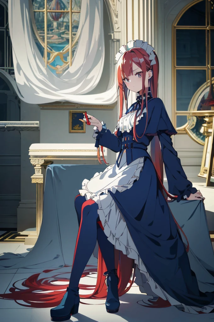 [(cathedral background:1.4)::5],original,(illustration:1.1),(best quality),(masterpiece:1.1),(extremely detailed CG unity 8k wallpaper:1.1), (colorful:0.9),(mid shot:0.95),(full body:1.5),Dynamic angle,(solo:1.2), (girl),((adult)), (detailed beautiful eyes:1.15), (beautiful face:1.15), (glowing red eyes:1.25////),((medium hair)),((split-color hair,red hair,blue hair)),(high twintails),(chignon),(+perfect hand+:1.21),(Draw an illustration of a gothic girl),(Religious),(slender),(is wearing boots on her feet),((is wearing white maid clothes)),(furious), Lace Off-shoulder ta fashion,beautiful slender woman,high twintails,((split-color hair,red hair,blue hair)),((split-color hair,red hair,blue hair)),from side,((split-color hair,red hair,blue hair)),