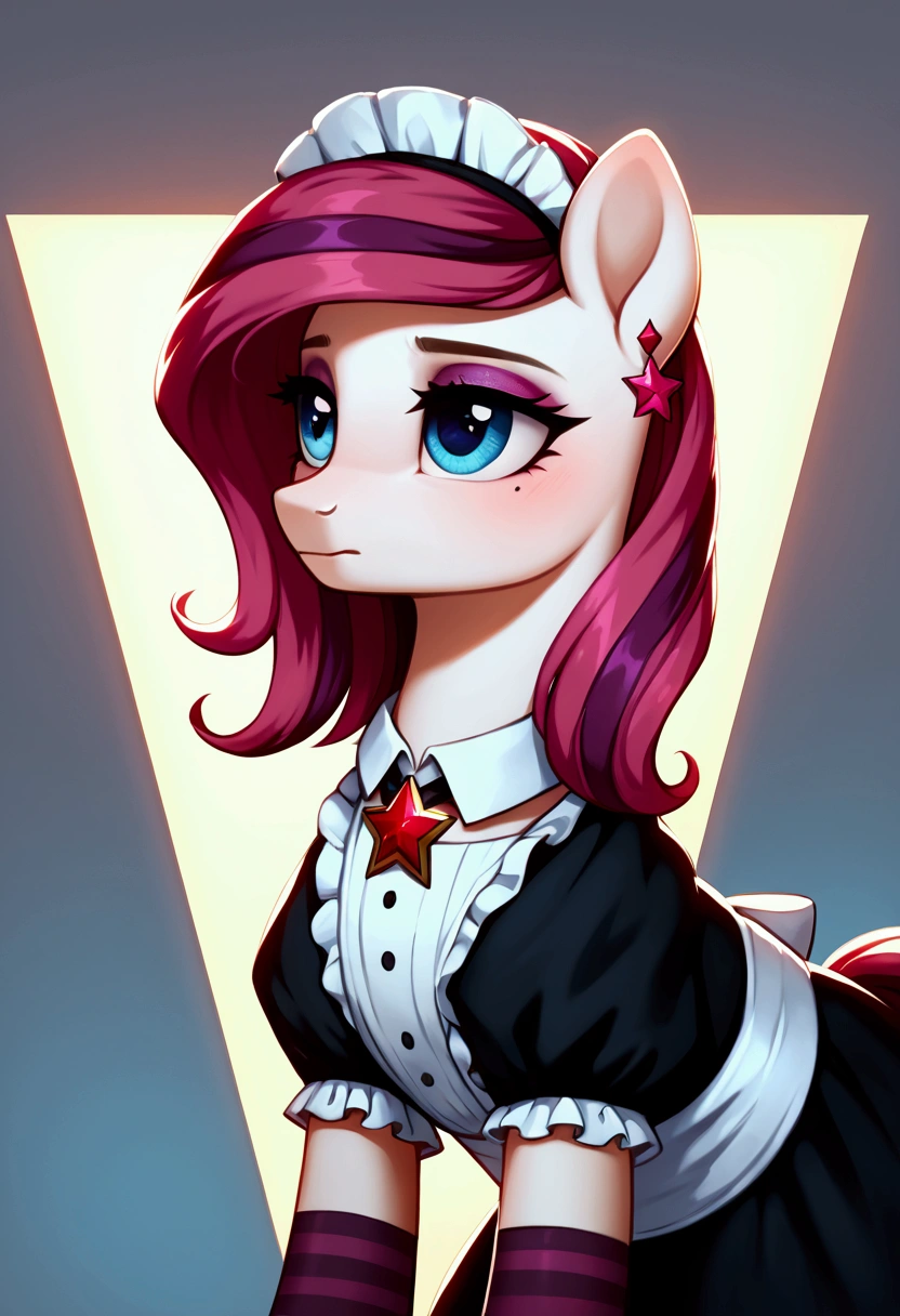 score_9,score_8_up,score_7_up,score_6_up, ((my little pony)), radiant lighting, vibrant colors, whimsical atmosphere, 8K, high resolution, highly detailed, masterpiece, (shy look), ((pony body)), white body, magenta hair, blue eyes, (maid costume), striped stockings, star pendant, earrings, eyeshadow, long hair:1.4