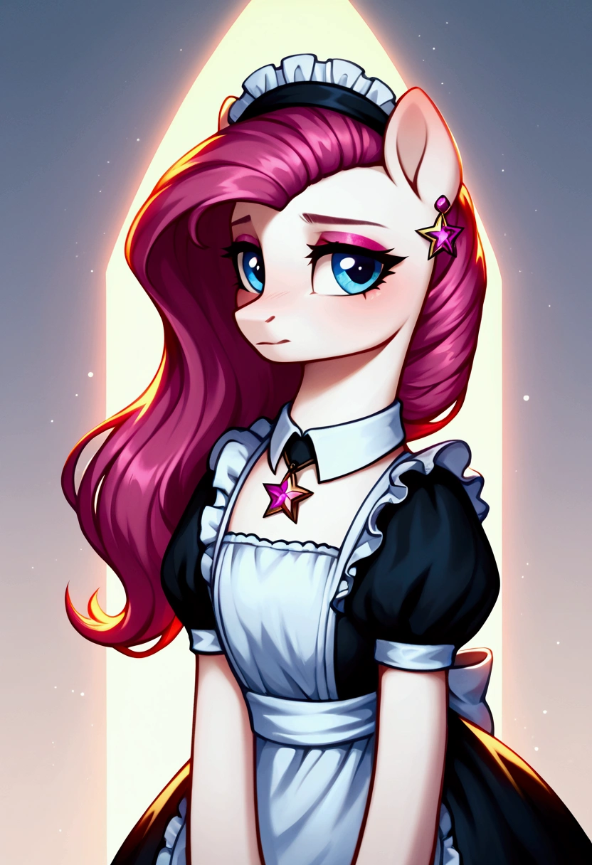 score_9,score_8_up,score_7_up,score_6_up, ((my little pony)), radiant lighting, vibrant colors, whimsical atmosphere, 8K, high resolution, highly detailed, masterpiece, (shy look), ((pony body)), white body, magenta hair, blue eyes, (maid costume), striped stockings, star pendant, earrings, eyeshadow, long hair:1.4