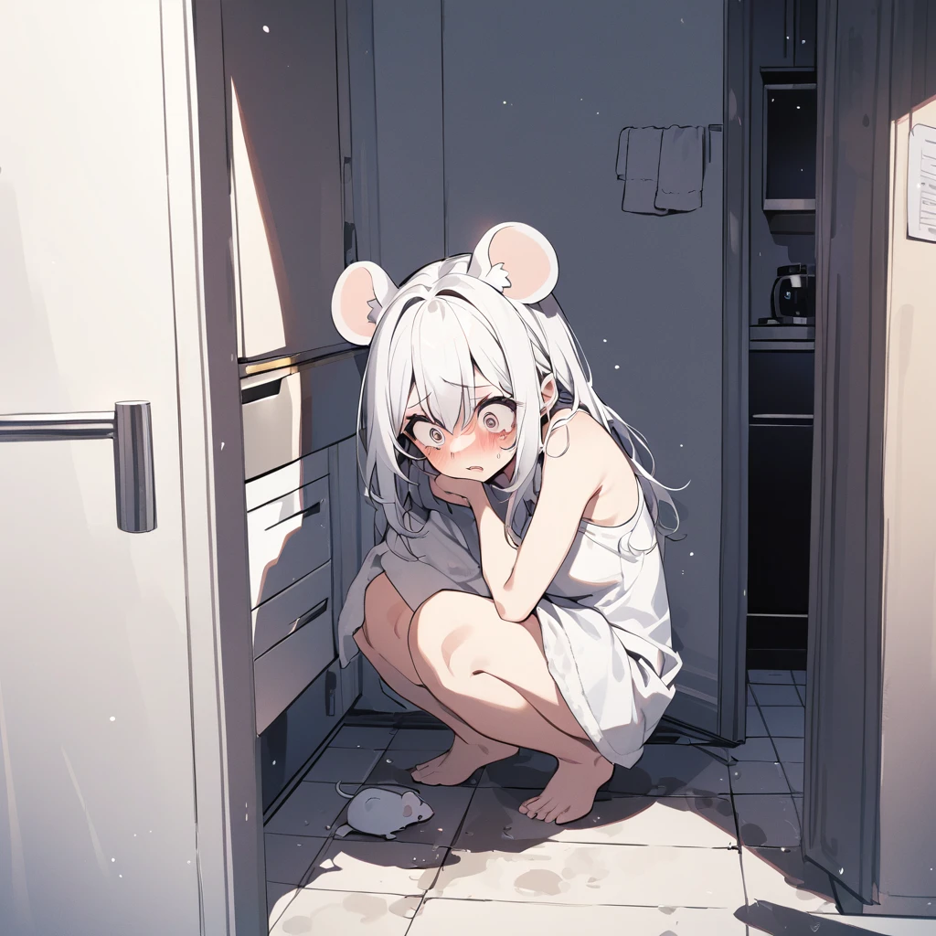 A girl with white hair and white mouse ears was squatting in the corner of the kitchen wearing only a towel, she looked scared