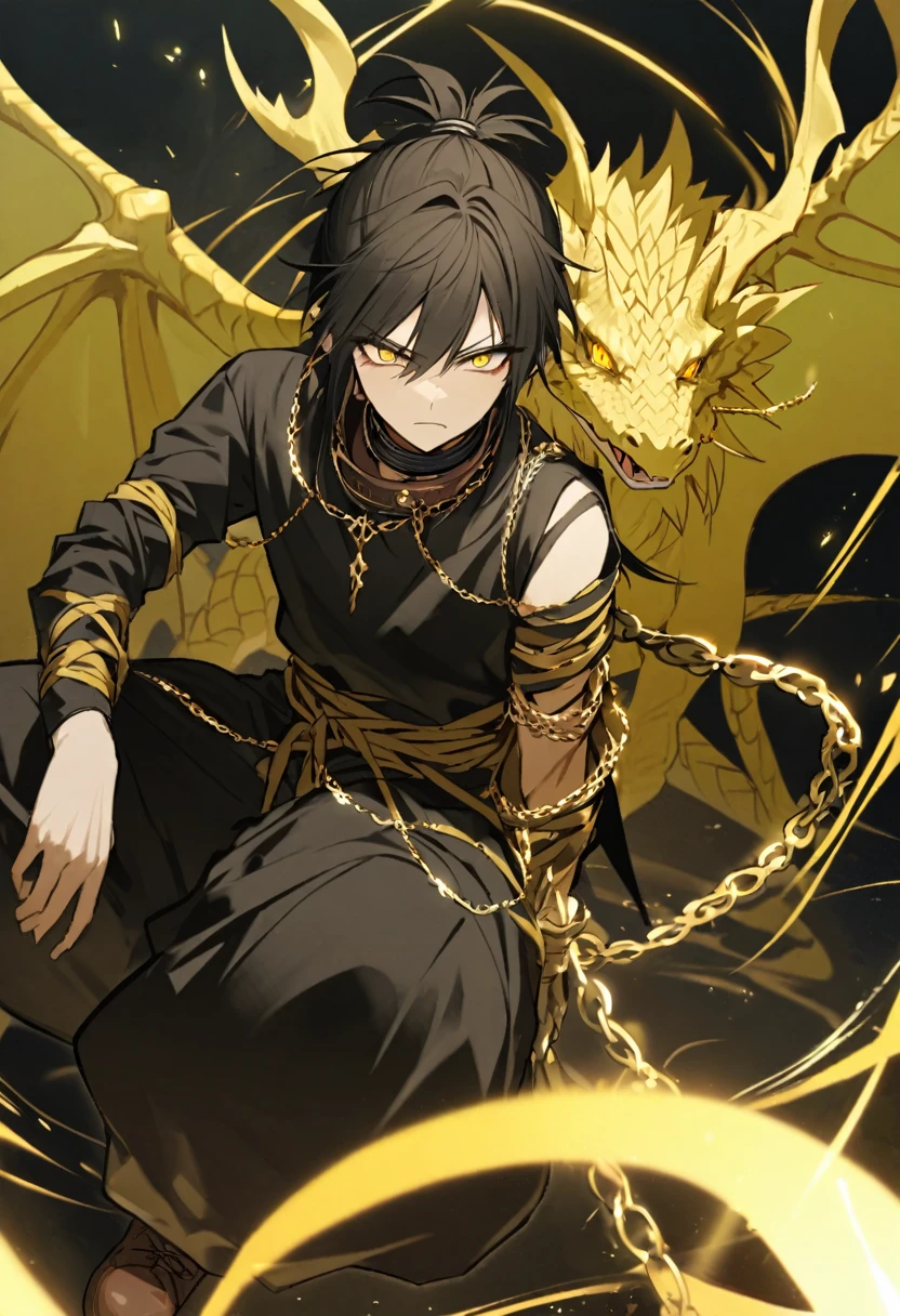 MAN, dragon wings, hybrid dragon, male, masculin, hetero, hair tied up and the rest loose yellow color. Long black blouse, Kashimo, gold chains tied around the arm, a large collar, black baggy pants and brown shoes. Somewhat serious face, yellow eyes.
