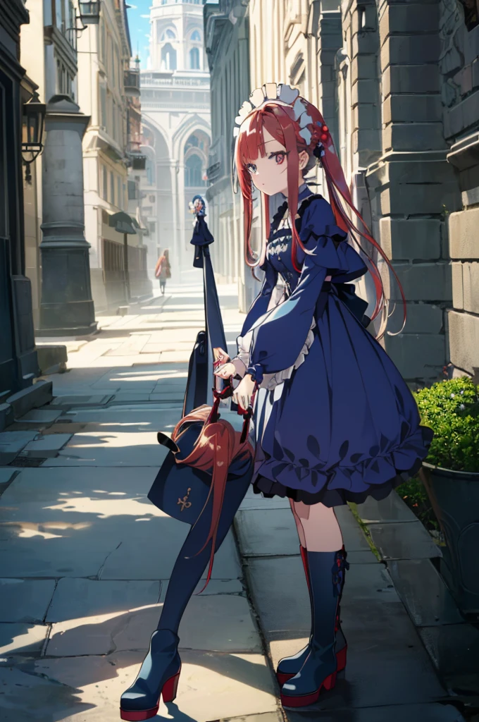 [(cathedral background:1.4)::5],original,(illustration:1.1),(best quality),(masterpiece:1.1),(extremely detailed CG unity 8k wallpaper:1.1), (colorful:0.9),(mid shot:0.95),(full body:1.5),Dynamic angle,(solo:1.2), (girl),((adult)), (detailed beautiful eyes:1.15), (beautiful face:1.15), (glowing red eyes:1.25////),((medium hair)),((split-color hair,red hair,blue hair)),(high twintails),(chignon),(+perfect hand+:1.21),(Draw an illustration of a gothic girl),(Religious),(slender),(is wearing boots on her feet),((is wearing white maid clothes)),(furious), Lace Off-shoulder ta fashion,beautiful slender woman,high twintails,((split-color hair,red hair,blue hair)),((split-color hair,red hair,blue hair)),from side,((split-color hair,red hair,blue hair)),