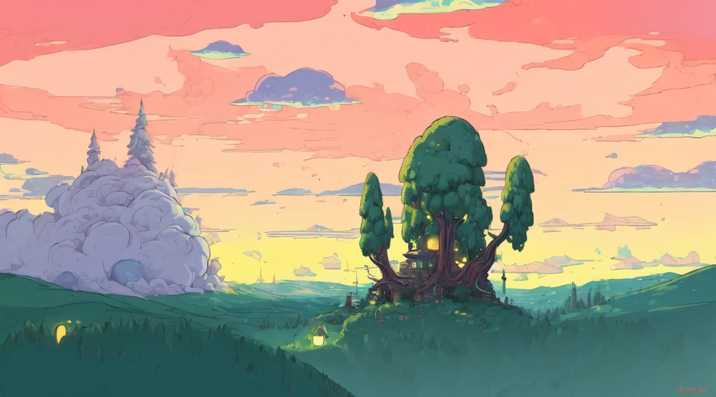 ((best quality)), ((masterpiece)), (detailed), scenary, adventure time, background, lofi art, cartoon style, night