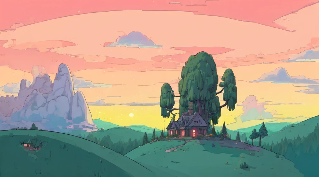 ((best quality)), ((masterpiece)), (detailed), scenary, adventure time, background, lofi art, cartoon style, night