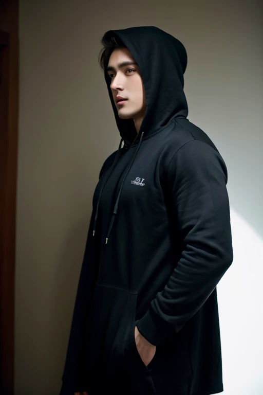 1man, a 25-year-old muscular man,hoodie and caos a black suit, bodice, soft lighting, masterpiece, best quality, 8k ultra high definition, DSLR camera, film grain, Midjourney and greg rutkowski's Fujifilm XT3 realistic drawing art