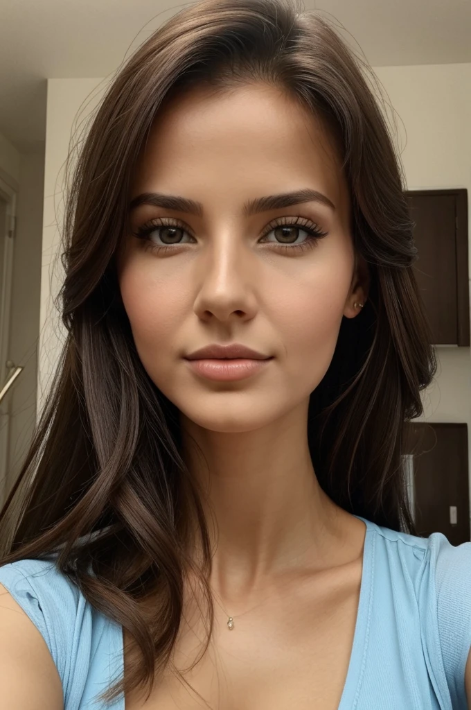 Brown Hair Color, White Latina woman, long hair curled, Small Chest, At the mall, Close up selfie, serious face, slightly tilted head, Black long sleeve, No Bra, 8K, high detail