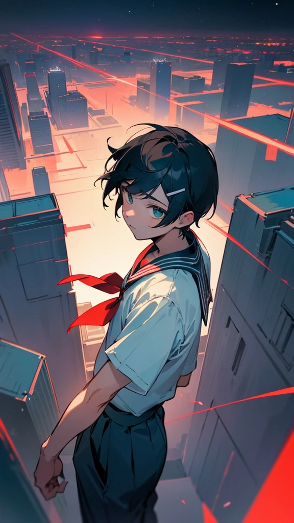 The image is a detailed, high-resolution work of art that depicts a downtown night scene with a Japanese vibe.. En el centro de la imagen, there is a boy with short black hair, with a blue ribbon and a pretty hair clip. He has green eyes and is wearing a ., including a white short-sleeved shirt, a red sailor collar and blue pleated pants. The boy appears to be floating above the city, illuminated by a dynamic, soft light from the full moon in the sky. City lights and dark skies create a vibrant and captivating contrast.