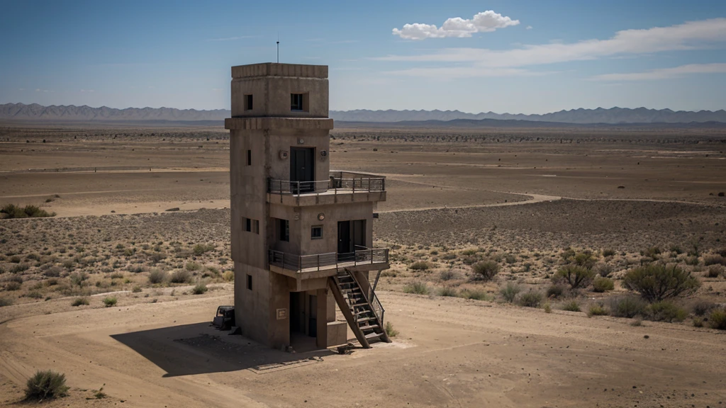 high,Military watchtower made of dark concrete.,in a desert