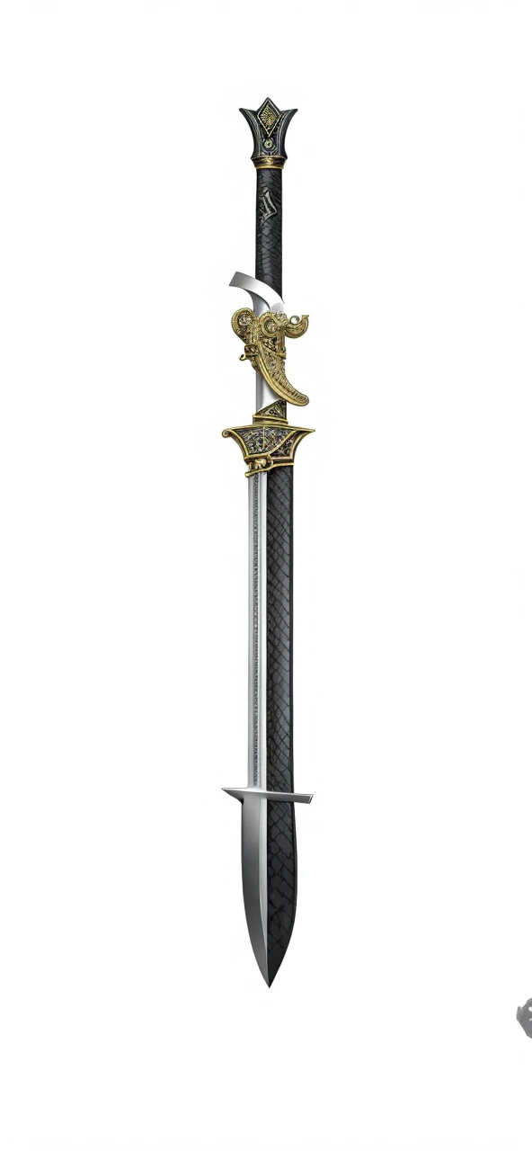 Sword, on its scabbard has a sheep's skull, sword wrapped by a black snake. 