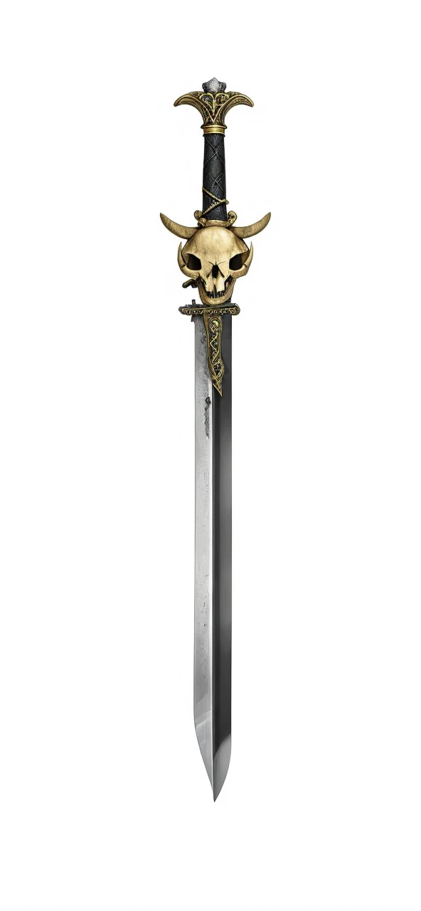 Sword, on its scabbard has a sheep's skull, sword wrapped by a black snake.