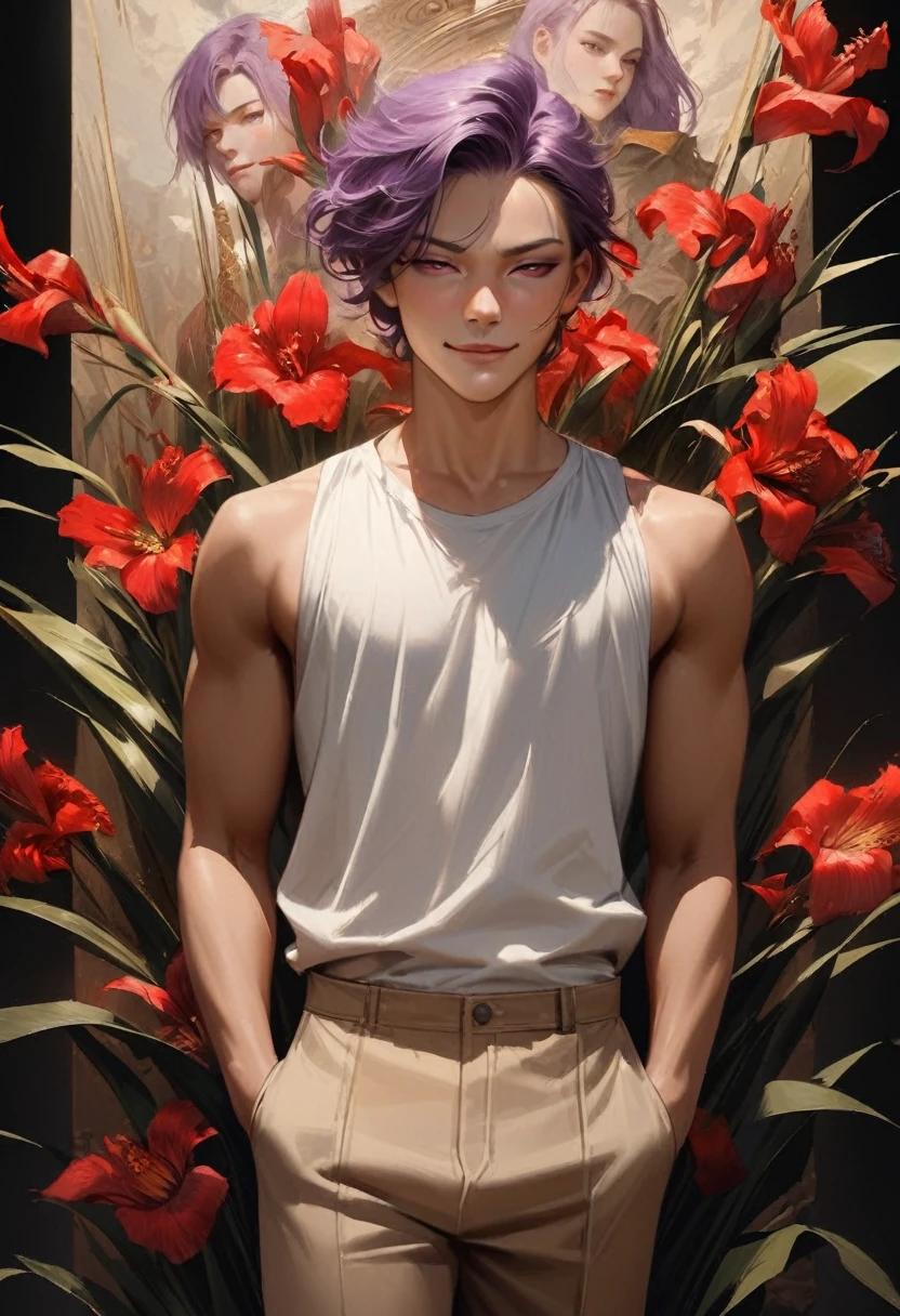 Work of art, best quality, realistic, 1 man, young man, charming, 19 years old, dark skin, half-closed eyes, smirk, extremely detailed face, ((red iris color)), ((Purple hair American style combed to the side)), strong body, black background, cinematic, wearing white sleeveless shirt, beige pants, hands in pockets.