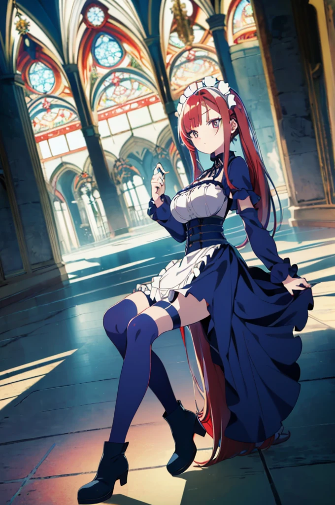 [(cathedral background:1.4)::5],original,(illustration:1.1),(best quality),(masterpiece:1.1),(extremely detailed CG unity 8k wallpaper:1.1), (colorful:0.9),(mid shot:0.95),(full body:1.5),Dynamic angle,(solo:1.2), (girl),((adult)), (detailed beautiful eyes:1.15), (beautiful face:1.15), (glowing red eyes:1.25////),((medium hair)),((split-color hair,red hair,blue hair)),(high twintails),(chignon),(+perfect hand+:1.21),(Draw an illustration of a gothic girl),(Religious),(slender),(is wearing boots on her feet),((is wearing white maid clothes)),(furious), Lace Off-shoulder ta fashion,beautiful slender woman,high twintails,((split-color hair,red hair,blue hair)),((split-color hair,red hair,blue hair)),from side,((split-color hair,red hair,blue hair)),
