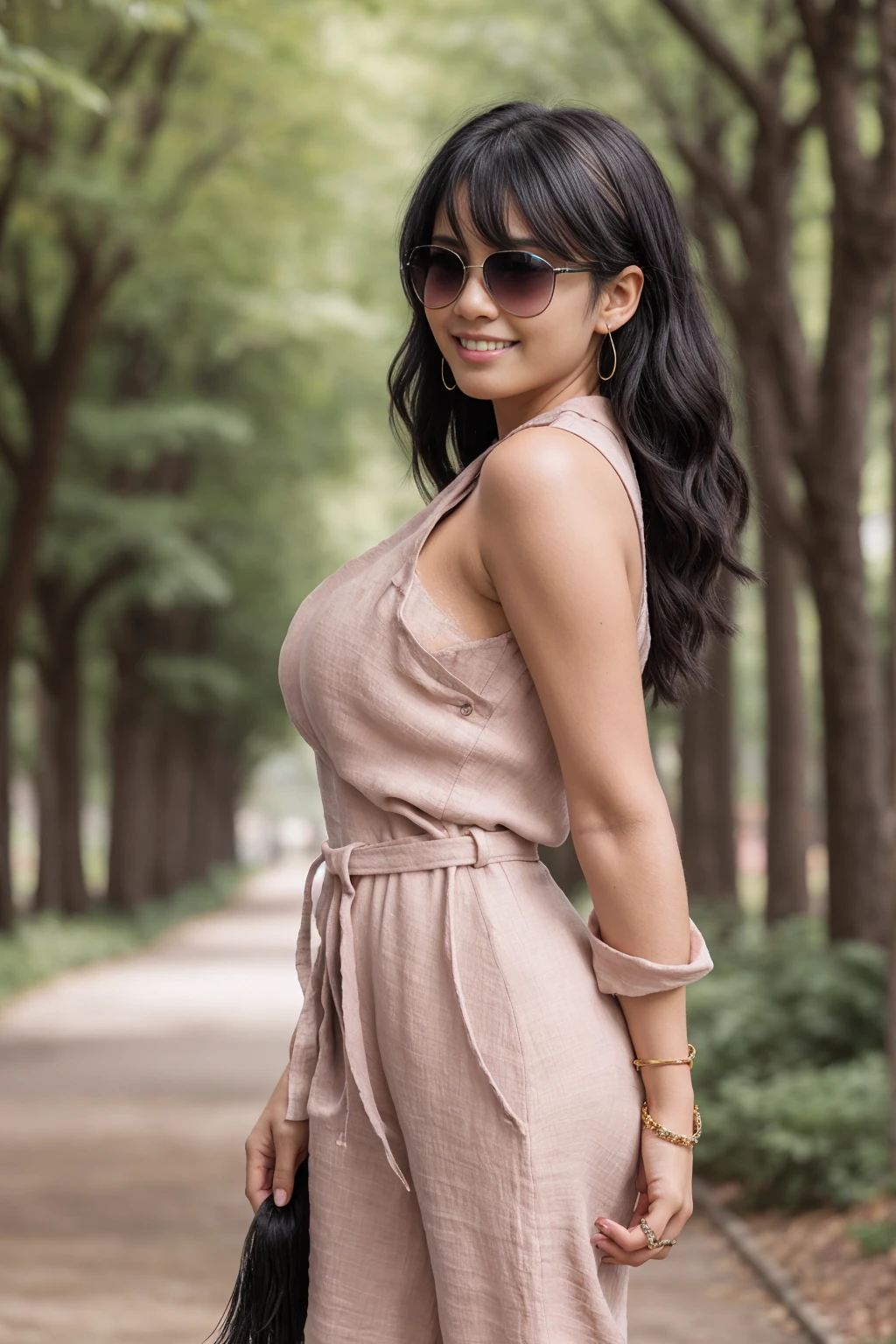 Half-length glamour portrait, nikon D850, f1.6 lens, 200mm, DSLR, 22 Megapixels, (((Tree-lined pathway in an urban park scene))), shot of a stunning 19 years old korean girl, (smile:1.4), (wearing Powder pink Linen jumpsuit with belt and sunglasses:1.6), ((seductive pose)), hot girl, (((big natural breasts))), (((black fringe hair))), (small girl), symmetrical face, photorealistic, photography, (bright natural lighting), gorgeous, deep cleavage, (masterpiece), best quality, high resolution, extremely detailed, cinematic lighting, (((very narrow waist))), rich colors, hyper realistic, lifelike texture, ((jewelry)), (((She has beautiful hands and wears rings))), (bracelet), (necklace), (ankle chain), (nail polish) (earrings), Fuji Superia 200, 8k