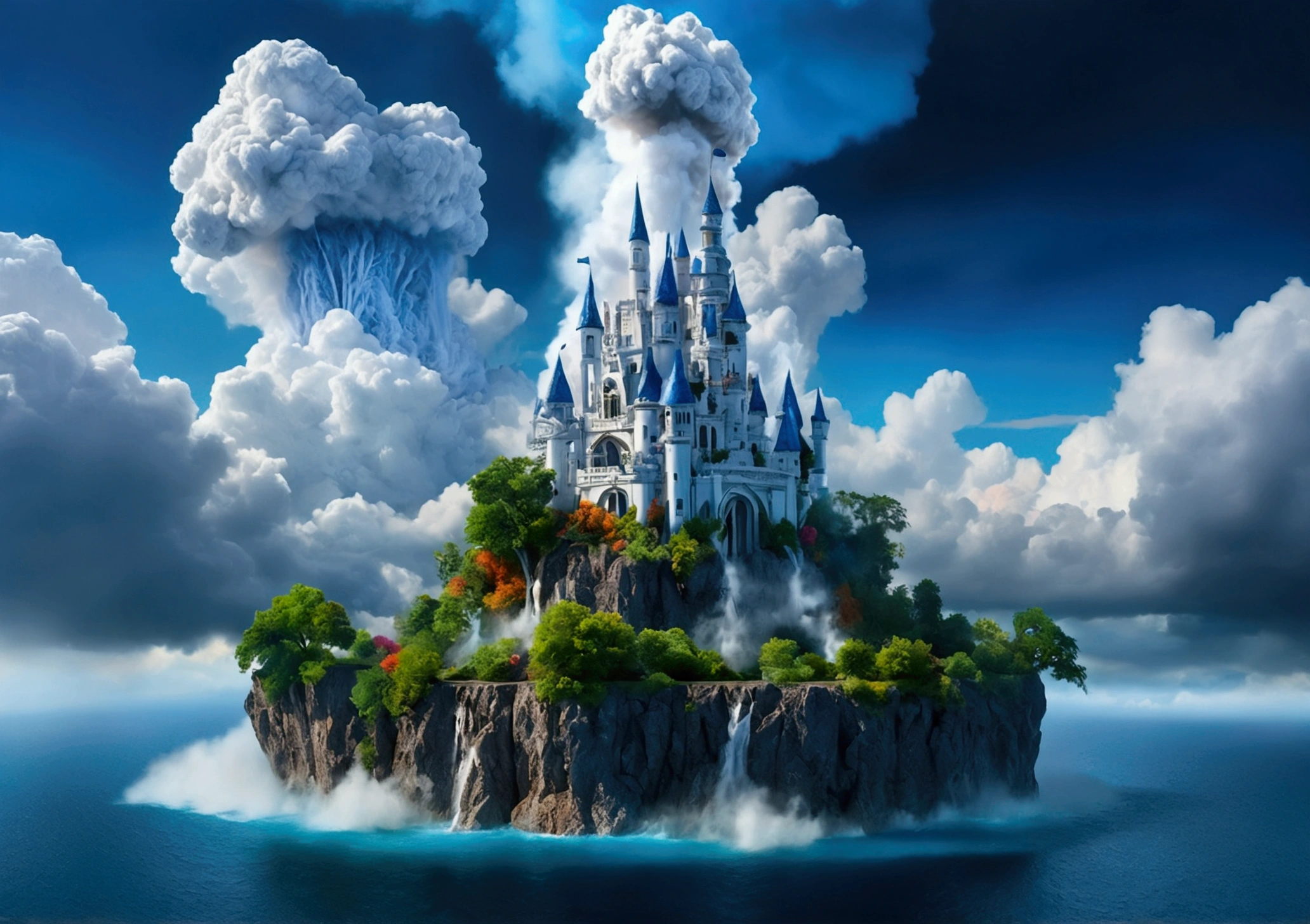 a flying island, a huge white castle is located on it, huge mechanisms spew clouds of blue smoke, panoramic view, clouds of smoke, storm clouds, (masterpiece), (vivid colors:1.3)