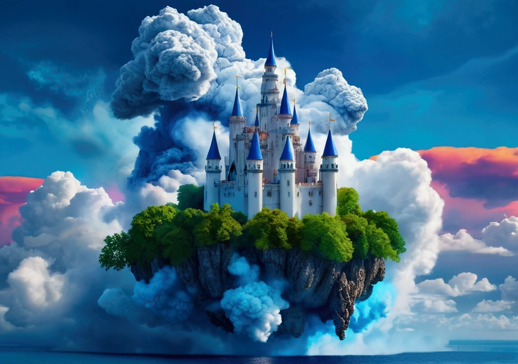 a flying island, a huge white castle is located on it, huge mechanisms spew clouds of blue smoke, panoramic view, clouds of smoke, storm clouds, (masterpiece), (vivid colors:1.3)