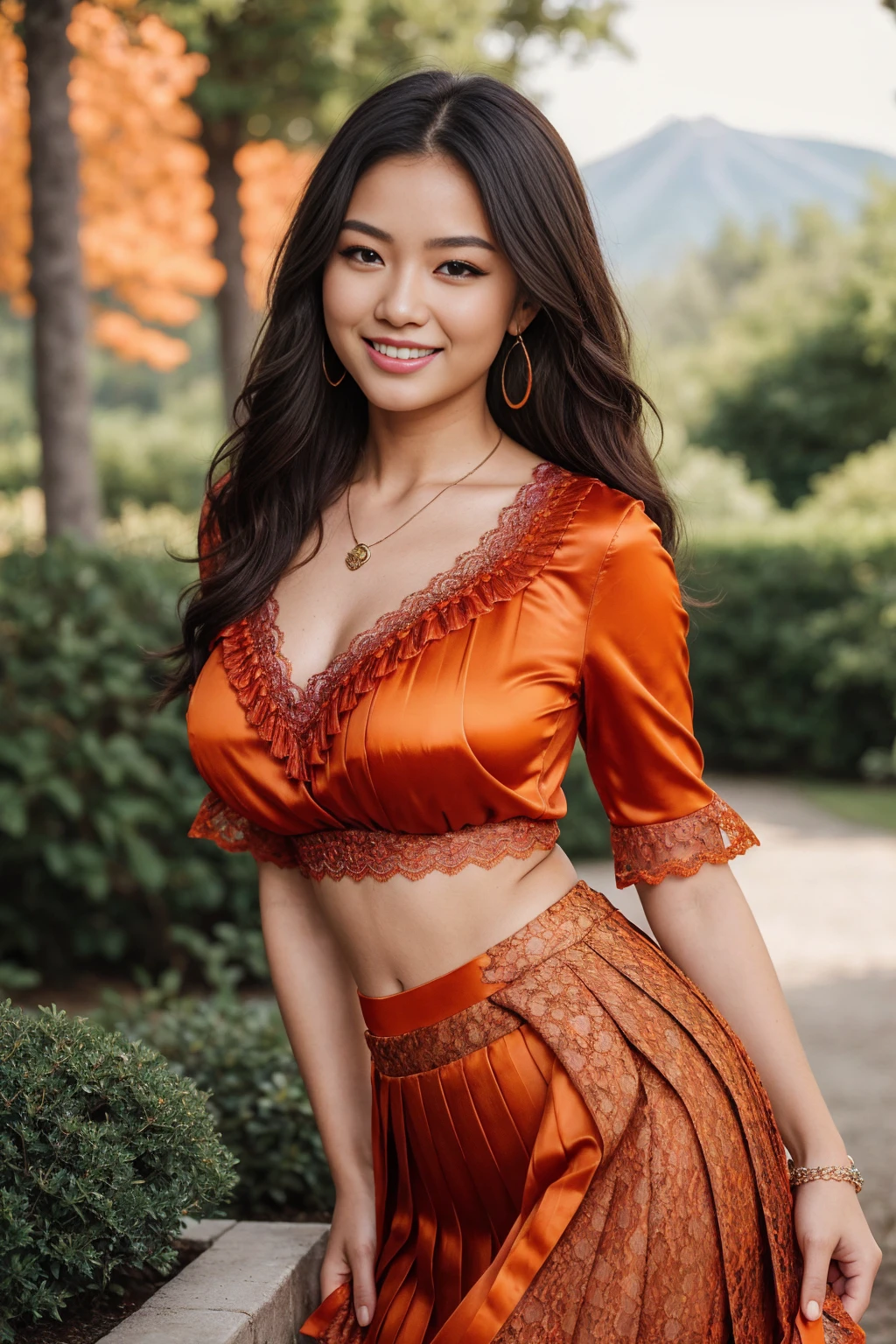 Half-length glamour portrait, nikon D850, f1.6 lens, 200mm, DSLR, 22 Megapixels, (((Garden of Villa scene))), shot of a stunning 19 years old korean girl, (smile:1.4), (wearing Orange lace blouse with Bright red pleated satin midi skirt:1.6), ((seductive pose)), hot girl, (((big natural breasts))), (((black fringe hair))), (small girl), symmetrical face, photorealistic, photography, (bright natural lighting), gorgeous, deep cleavage, (masterpiece), best quality, high resolution, extremely detailed, cinematic lighting, (((very narrow waist))), rich colors, hyper realistic, lifelike texture, ((jewelry)), (((She has beautiful hands and wears rings))), (bracelet), (necklace), (ankle chain), (nail polish) (earrings), Fuji Superia 200, 8k
