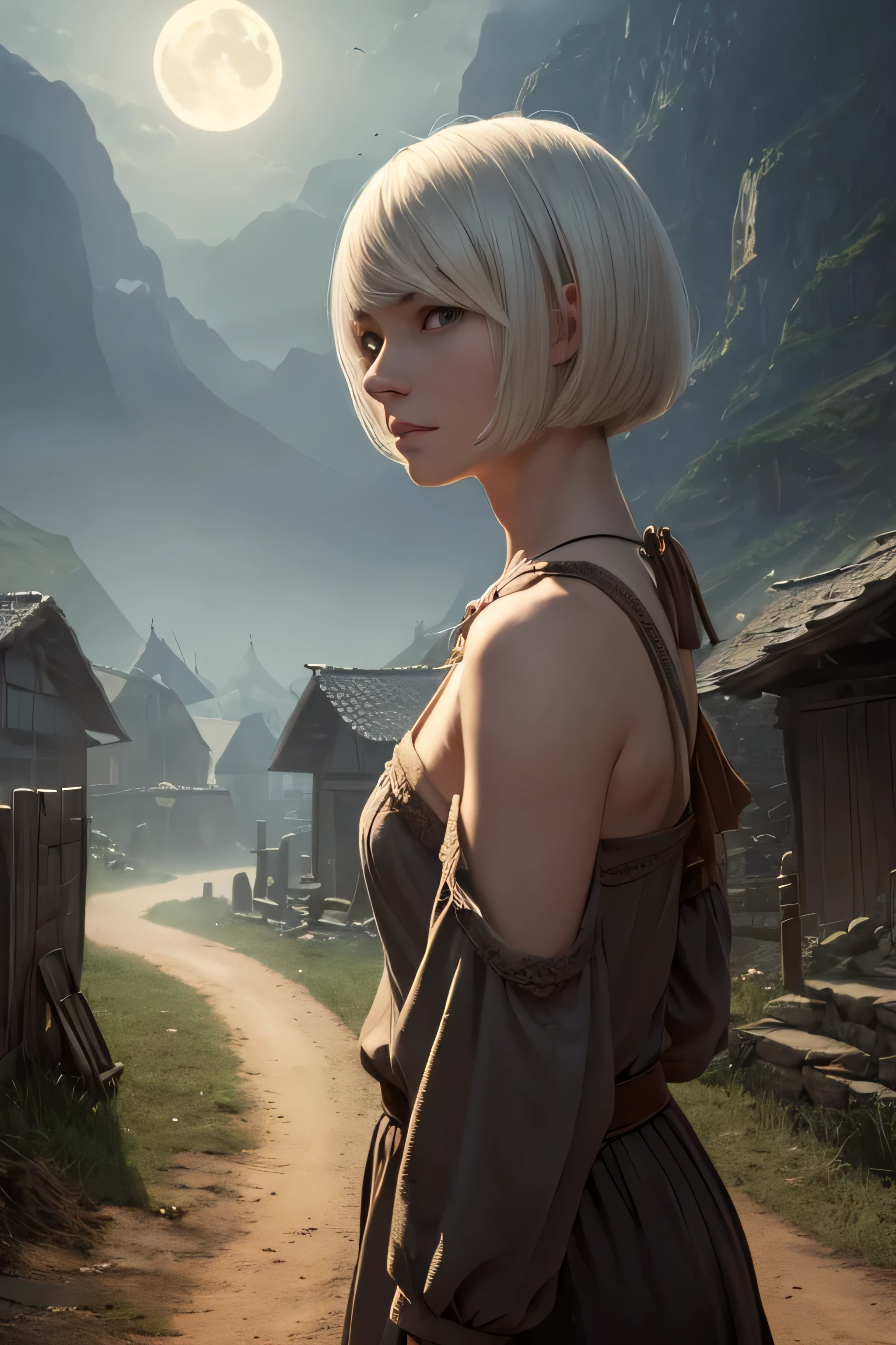 (((Absolutely shoulder-length white straight short bob))), a woman with middle short white hair in a night village, simple outfit, rpg style, (best quality,4k,8k,highres,masterpiece:1.2),ultra-detailed,(realistic,photorealistic,photo-realistic:1.37),detailed face,beautiful detailed eyes,beautiful detailed lips,extremely detailed eyes and face,longeyelashes,villager,small village,moonlight,shadows,moody lighting,dark fantasy,fantasy art,concept art,digital painting