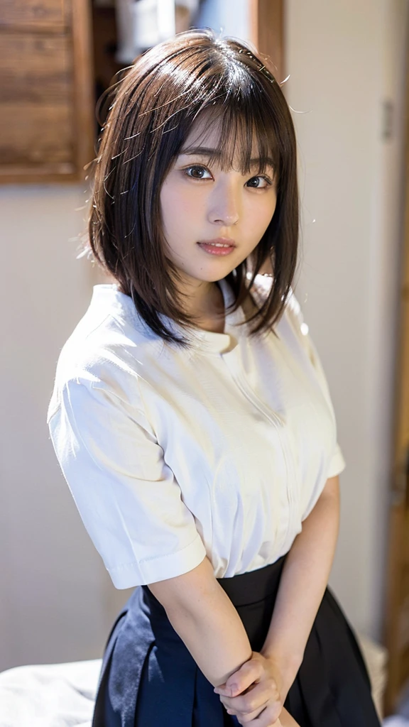 Photo-realistic quality、A woman in a white blouse is holding a golf club, Japanese girls uniform, Cute school girl, Realistic young gravure idol, Young and cute gravure idol, High school girl posing, Surreal , Young and skinny gravure idol,Girl wearing short-sleeved blouse, Japanese Model、Sheer white blouse