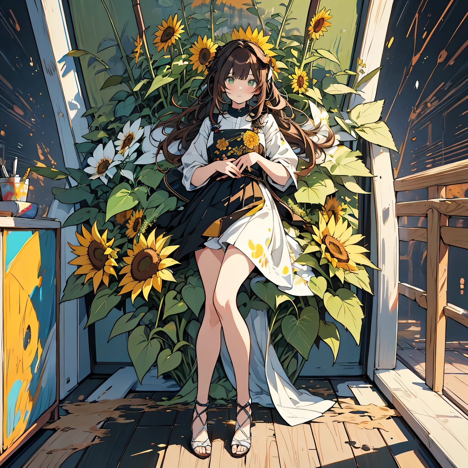 kawaii, anime, Cute, hyper quality, highly detailed, 16k, Front facing, Clarity, full body, one girl, stain the whole thing with colorful ink, brown long hair, green eyes, paint color, countless sunflowers, surrounded by sunflowers, Trapped inside a Van Gogh painting, ephemeral, paint, paint, brush, live inside the canvas, art supplies, oil, wonder, mysterious, rainbow colored sunflowers, Richly colored, Brightly colored sunflowers, highlight on eyes, long hair, splattered ink, scribble, countless handwritings, color palette, dark brown hair, long hair flowing, Draw eyes clearly, art, taken in by sunflowers,