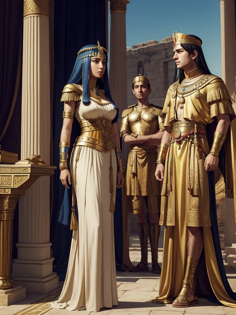 Cleopatra and Ptolemy XIII in a tense standoff in the palace. Cleopatra stands confidently with her allies, showing determination and strategic planning.
