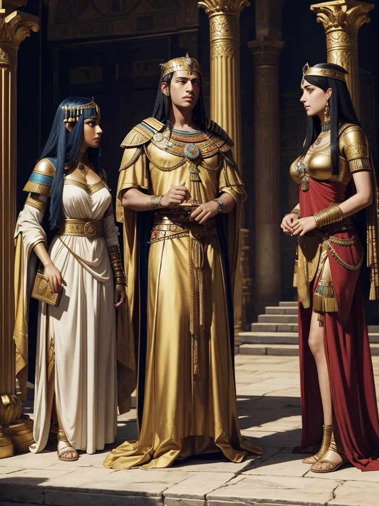 Cleopatra and Ptolemy XIII in a tense standoff in the palace. Cleopatra stands confidently with her allies, showing determination and strategic planning.