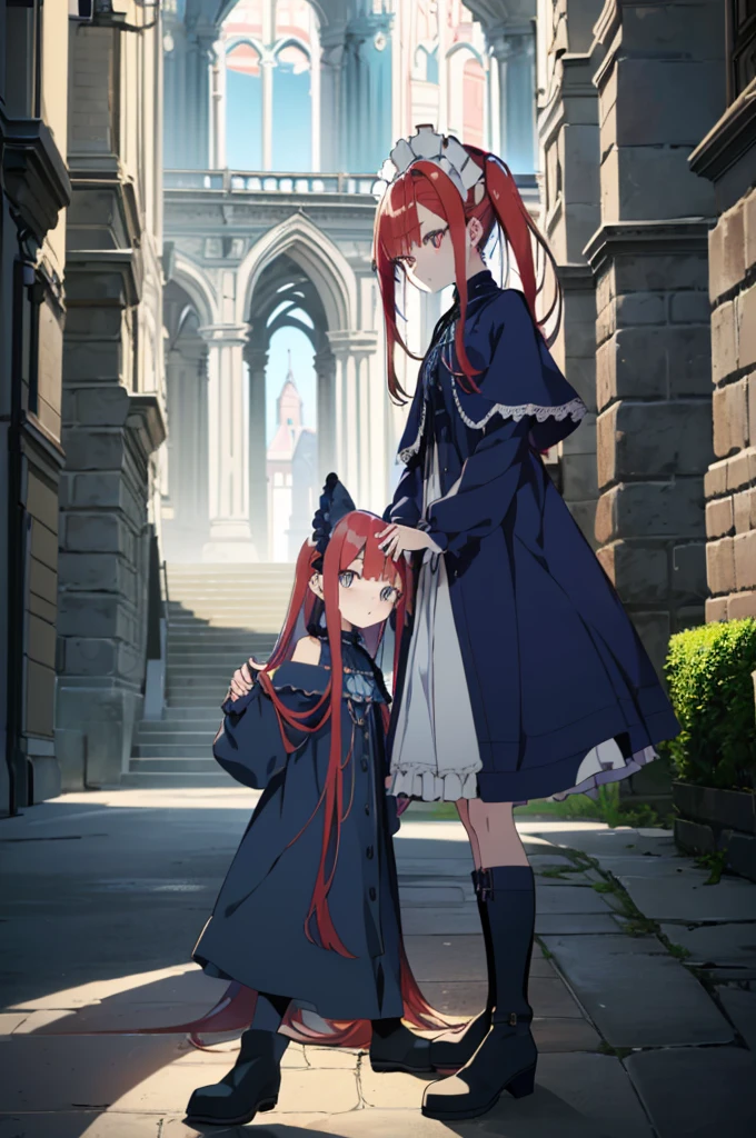 [(cathedral background:1.4)::5],original,(illustration:1.1),(best quality),(masterpiece:1.1),(extremely detailed CG unity 8k wallpaper:1.1), (colorful:0.9),(mid shot:0.95),(full body:1.5),Dynamic angle,(solo:1.2), (girl),((adult)), (detailed beautiful eyes:1.15), (beautiful face:1.15), (glowing red eyes:1.25////),((medium hair)),((split-color hair,red hair,blue hair)),(high twintails),(chignon),(+perfect hand+:1.21),(Draw an illustration of a gothic girl),(Religious),(slender),(is wearing boots on her feet),((is wearing white maid clothes)),(furious), Lace Off-shoulder lolita fashion,beautiful slender woman,high twintails,((split-color hair,red hair,blue hair)),((split-color hair,red hair,blue hair)),from side,((split-color hair,red hair,blue hair)),