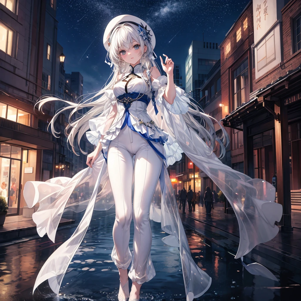 ((Highest quality)), ((masterpiece)), ((detailed)), Beautiful urban female model, Full body white transparent clothing standing under the stars at night in the sky, Disappearing Transparent Pants, Full body standing, Tall figures, Thin legs, 顔のdetailed, 体の部位のdetailed, 8k wallpaper