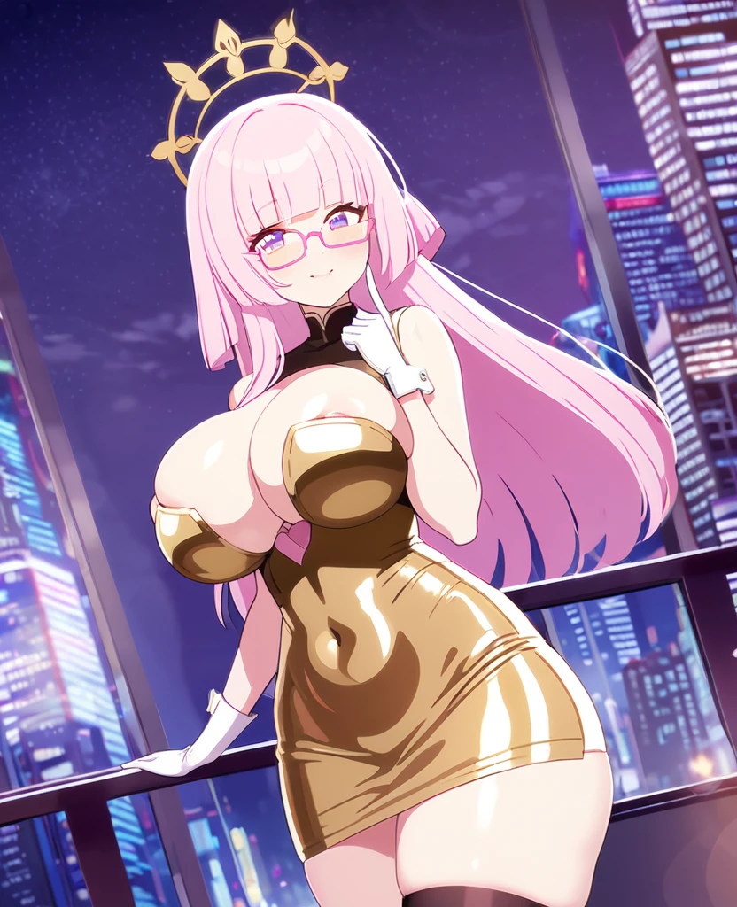 MILF, light pink hair, hime cut, long hair, erotic gold bodycon, J cup breast, thicc thigh, hourglass figure, nighttime city, clear view, charming smile, pink love shape glasses 